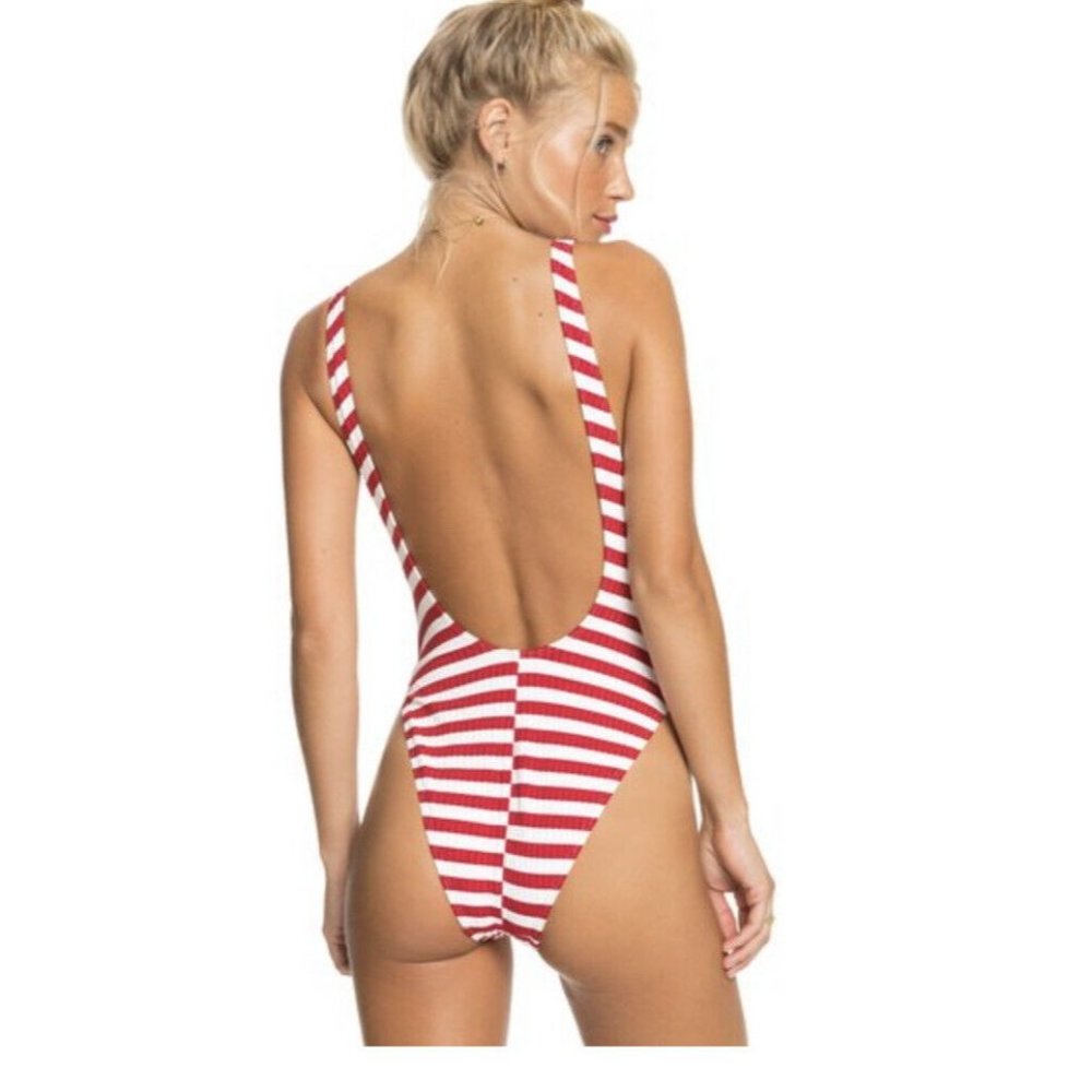 Roxy Hello July Red/White Striped One Piece Swimsuit Medium NWT - Picture 3 of 7